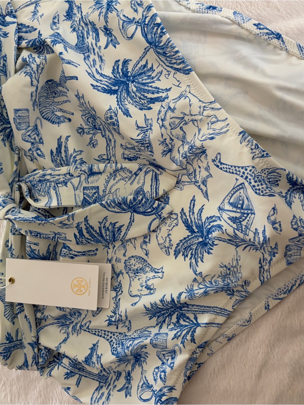 Tory Burch Blue and White High-Waist boy shorts bikini xl with Toile Print - Picture 2 of 4